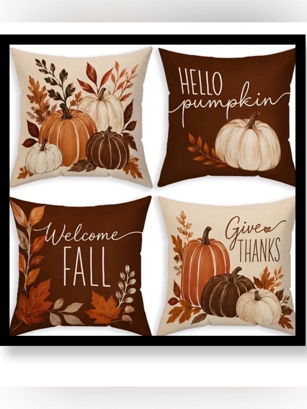 🆕 4pc Fall Pumpkin Decorative Throw Pillow Covers - Brown & Cream Autumn Set